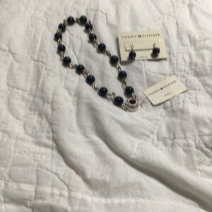 Vintage Tommy Hilfiger Necklace And Earrings Navy Blue And Red silver